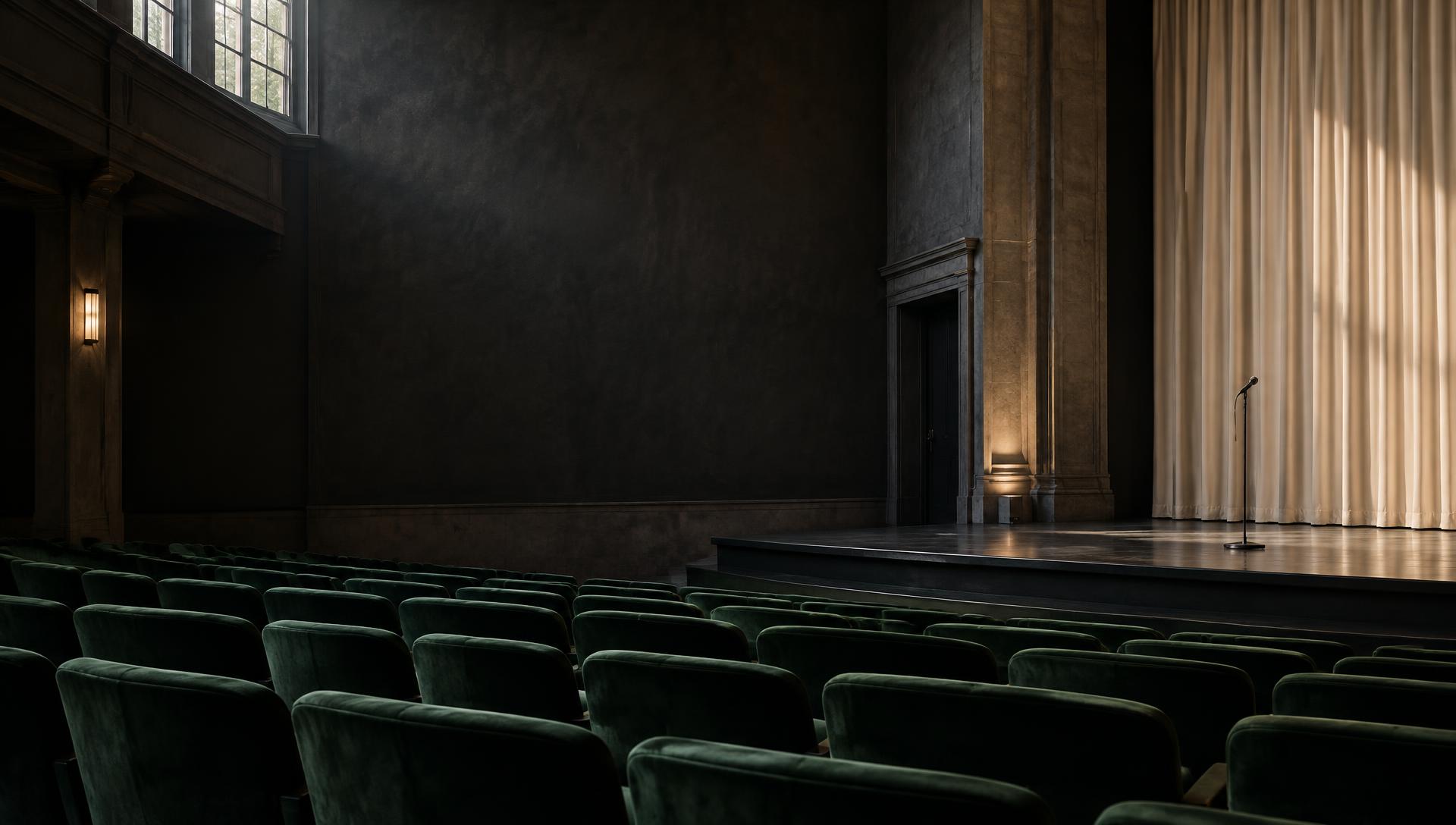 An empty theatre with a microphone on stage; illustrative image, not a program venue